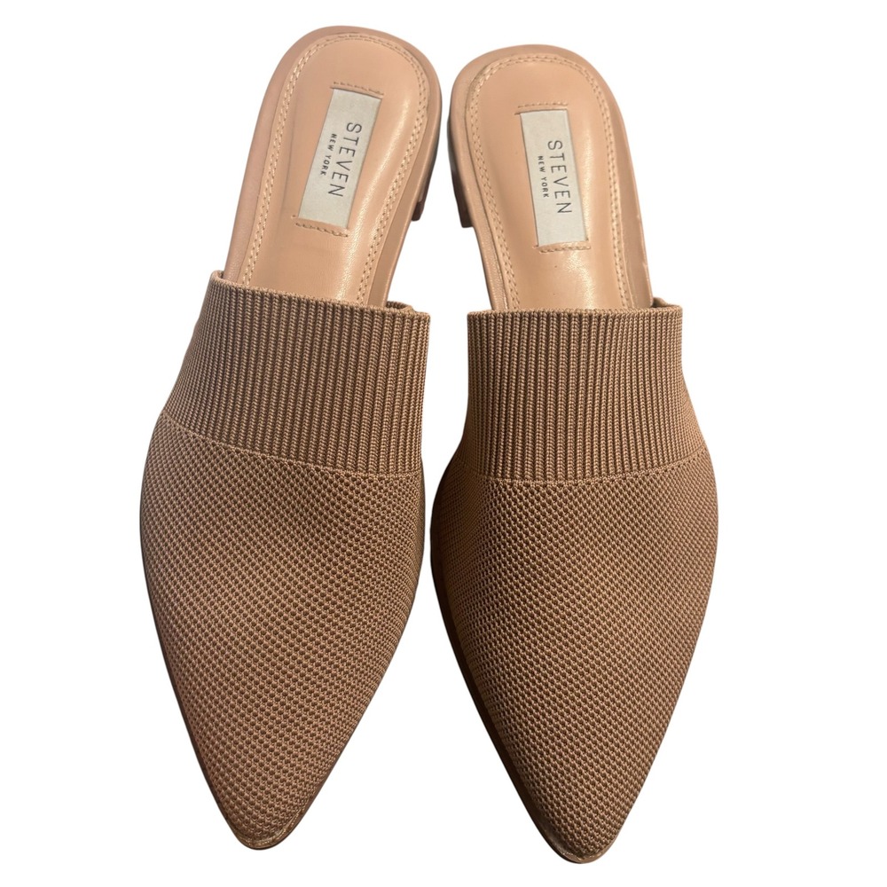 Steven New York Valdez Tan Knit Pointed Toe Mules‎ Low Block Heel Flats Size 8